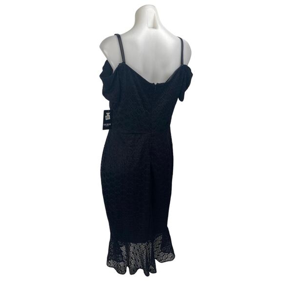 NEW Guess Black Floral Off The Shoulder Lace Ruffle Midi Bodycon Dress Size 14 - Picture 3 of 7